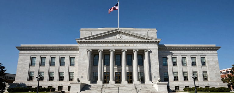 A wide-angle photography shot of a classic US courthouse exterior with a large flag and clean, symmetrical architecture, symbolizing justice and civic responsibility under a clear blue sky.