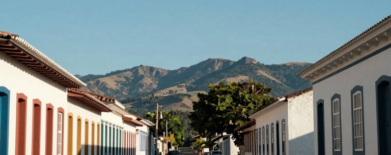 A wide photography shot of a quiet street in Teófilo Otoni, Minas Gerais, with Brazilian architectural style and mountains in the distance, clear blue sky.
