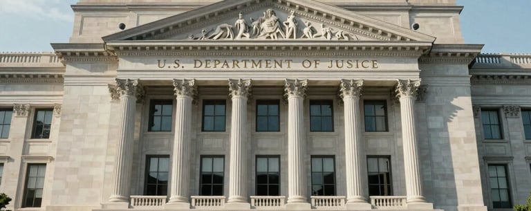 A grand exterior photograph of the U.S. Department of Justice headquarters in Washington D.C., showing the majestic Neoclassical architecture during a clear day, North American / US.