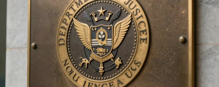 A close-up of a brass plaque featuring the Department of Justice seal mounted on a marble wall, reflecting professional integrity and authority, North American / US.