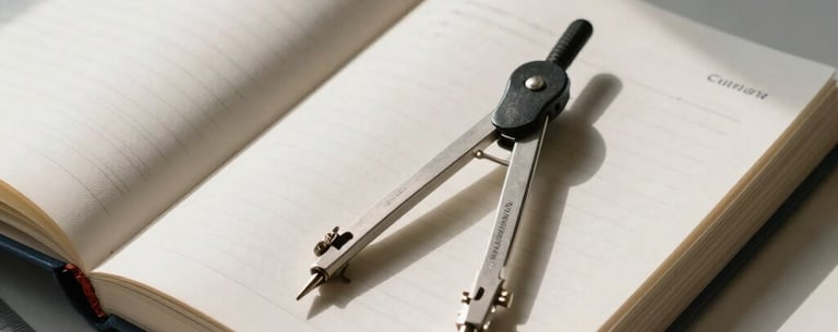 An open geometry book with a compass and ruler on a clean table, morning light casting soft shadows, focus on the precision of the tools.