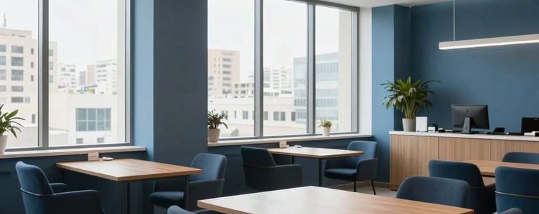 A wide shot of a modern, professional tutoring office in a Middle Eastern city, clean lines, large windows, and comfortable seating, dark blue and light blue decor.