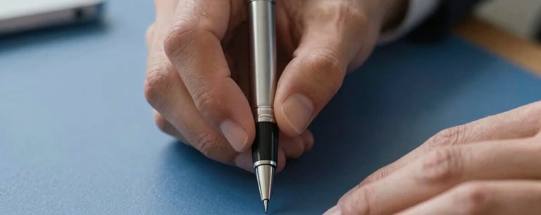 Sharp focus on a person's hands in a professional global business setting, adjusting a high-end pen on a clean slate blue desk, symbolizing the precision and strategic detail of market research.
