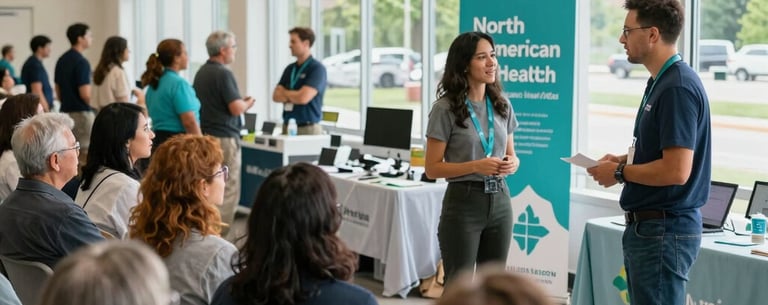 A wide shot of a community vision health event in a bright public space in Indiana, showing professional interaction with local citizens. Natural lighting, professional teal and light blue-gray accents. North American / US / Indiana.
