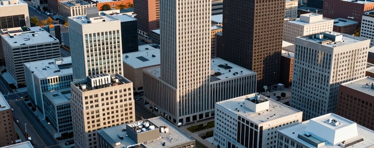 An aerial view of a professional district in a clean, modern Indiana city, symbolizing the growth and reach of the association. Morning light, colors of white and light blue-gray. North American / US / Indiana.