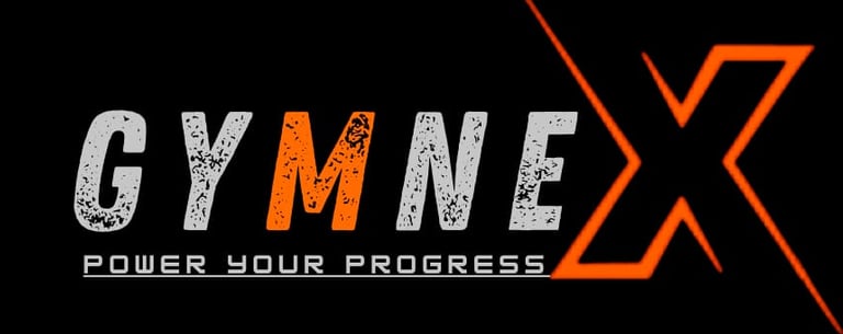 GymneX fitness brand logo with the slogan Power Your Progress in orange and grey textured typography.