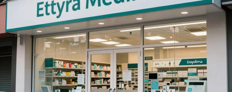 Wide photography shot of a modern pharmacy storefront with 'Ethyra Medika' signage, clean glass windows, professional and welcoming atmosphere in a Southeast Asian urban setting.