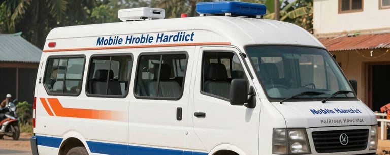 A wide shot of a neatly organized mobile healthcare van branded with professional lettering in a South Asian village square.
