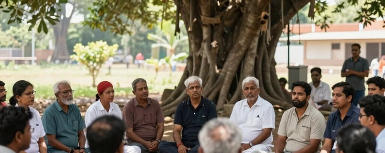 A group of South Asian community members gathering for a health awareness seminar outdoors under a large Banyan tree, bright natural light.