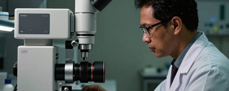 A healthcare specialist in a lab setting in West Kalimantan, performing research with modern equipment, professional and focused atmosphere, dark green and steel grey tones.