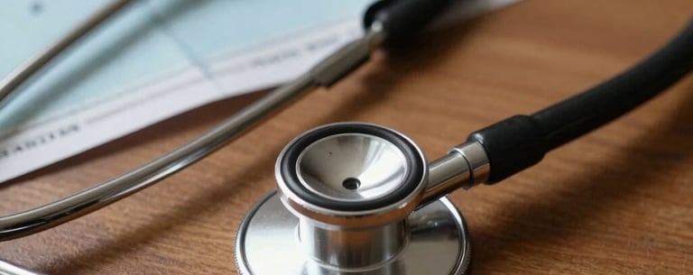 A close-up shot of a stethoscope on a wooden table with a map of West Kalimantan in the background, warm light, professional atmosphere.