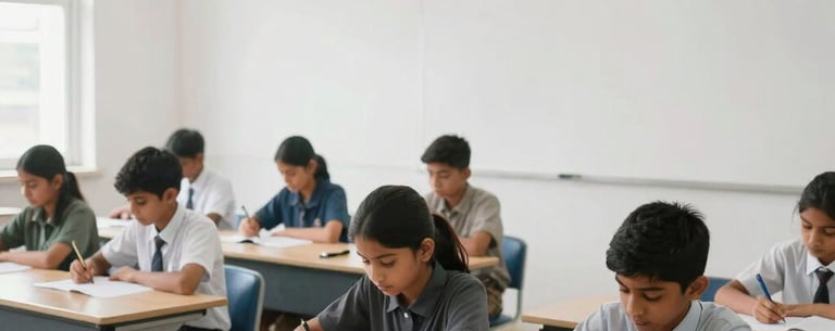 An interior shot of a spacious, well-lit classroom at Aman Public School. South Asian students are seated at modern desks, engaged in learning. The walls are white and the atmosphere is clean.
