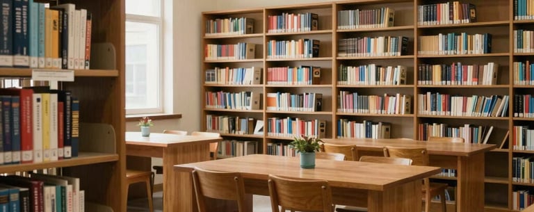 A neat and organized school library and activity center in a South Asian setting. The room is filled with educational resources, reflecting a professional and academic atmosphere.