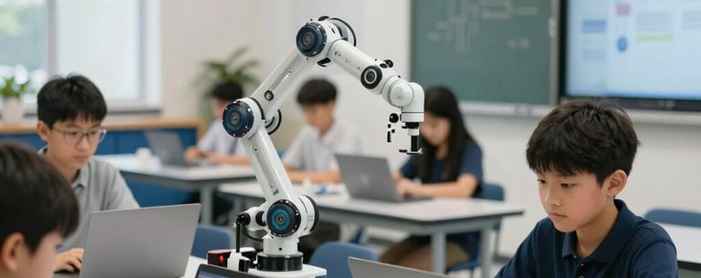 A photography of a modern STEM learning classroom in a North American school, where students are using advanced robotic equipment and laptops, bright and innovative atmosphere.