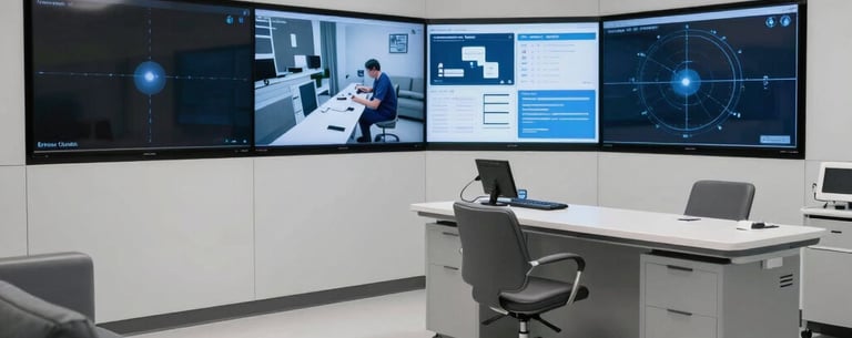 A sharp, wide-angle shot of a state-of-the-art telemedicine hub in North America, with high-tech screens and sleek grey furniture, reflecting an authoritative and healthcare-focused mood.