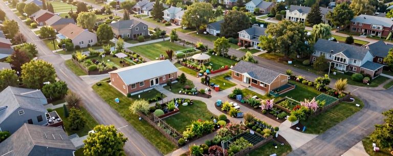 A serene, clean aerial view of a vibrant North American neighborhood where community gardens and well-maintained educational centers are prominent. The lighting is early morning, soft and inspiring.