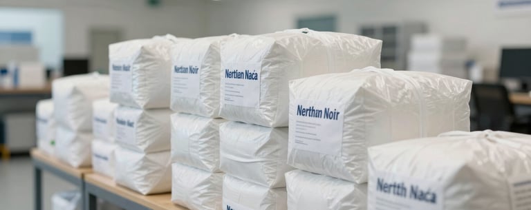 A clean, professional photograph of humanitarian supplies being organized in a bright, modern facility in North America. The scene uses soft lighting to highlight a sense of order, trustworthiness, and preparedness.