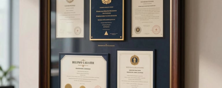 An elegant, framed law degree and certifications displayed on a professional office wall, soft natural light, Italian / European academic tradition.