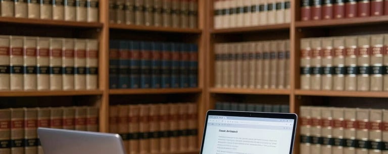 A quiet legal library with shelves of traditional law books, a modern desk with a laptop in the foreground, Italian / European scholarly atmosphere.