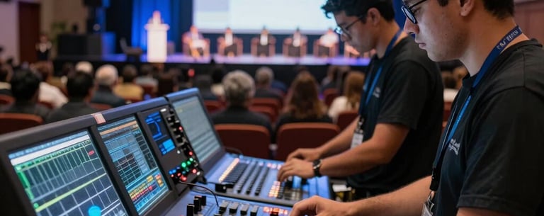 A detailed shot of professional audiovisual technicians operating a soundboard at a large corporate congress in a South American auditorium, backlit by soft blue stage lights.