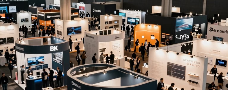 A wide shot of a bustling, high-end trade fair at a convention center in Sao Paulo, showing organized booths, professional lighting, and an atmosphere of business innovation.