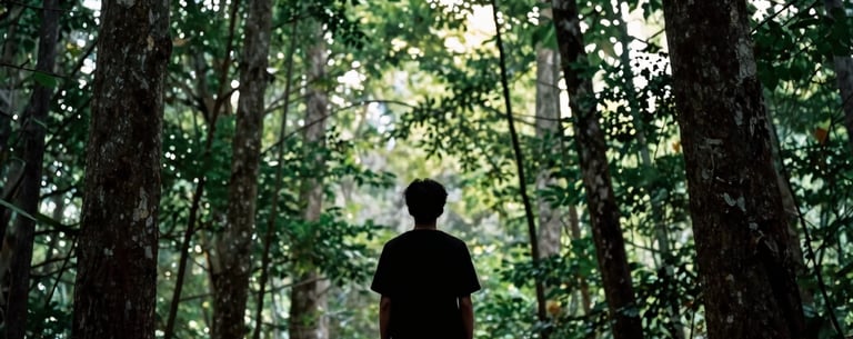 A calming image of a person’s silhouette standing amongst tall trees in a North American forest, their posture relaxed and grounded. The scene is illuminated by soft, diffused light through the leaves, creating a gentle hug of light and shadow.
