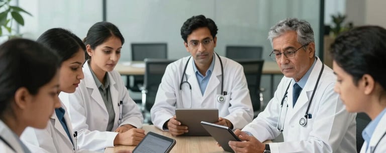 A collaborative meeting of South Asian healthcare researchers in a modern, glass-walled office, using digital tablets, with a focused and innovative atmosphere, lit by bright natural light.