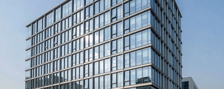 A sleek, modern architectural photograph of the Zoevita Pharmaceuticals headquarters in India, featuring glass windows reflecting a clear blue sky and professional landscaping.