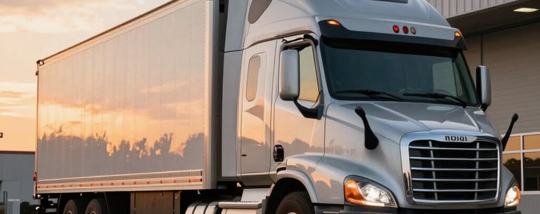 A sleek silver semi-truck parked in a modern North American distribution facility during sunset. Warm sky colors contrast with the cool metallic truck and asphalt.