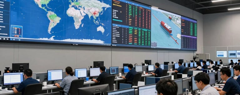 A wide angle interior shot of a high-tech logistics operations center in the US. Large wall-mounted monitors show global shipping lanes and real-time data visualizations. Professionals at workstations.