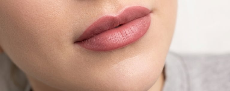 Close-up of a woman's lips with natural pink lip blush tattoo after professional permanent makeup.