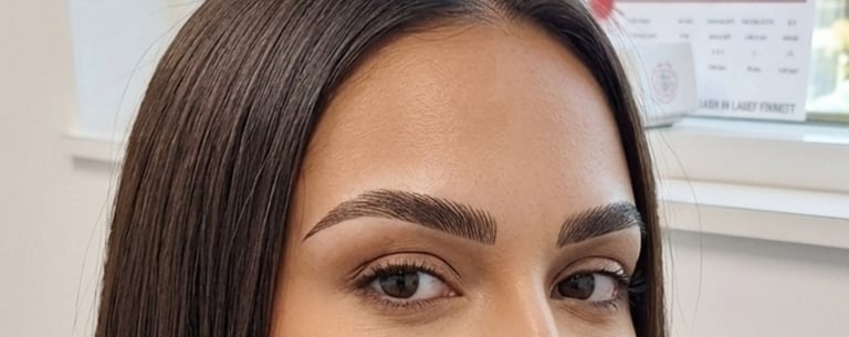 Professional microbladed eyebrows on a woman featuring precise hair strokes and a defined arch shape.