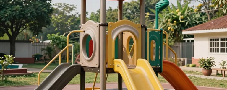 An outdoor playground at a premium play school in Rudrapur, South Asian / Indian context, with safe modern equipment, vibrant colors, and lush green surroundings under a clear sky.
