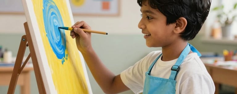 A South Asian / Indian child happily painting on an easel with bright mustard yellow and light blue paints, wearing a clean apron in a sunny school art studio.