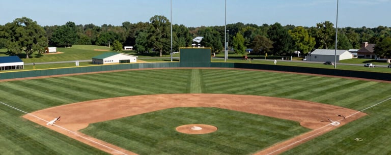 A wide-angle landscape shot of a beautifully maintained softball complex in Indiana, US, featuring multiple fields with green grass and clean white foul lines under a clear blue sky.