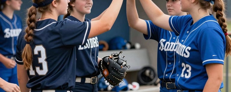 A group of teenage softball players in navy and steel blue uniforms high-fiving in a North American / US dugout, expressing professional athletic energy and community.
