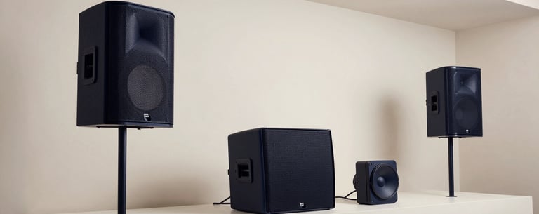 Clean, architectural shot of a minimalist showroom in South America displaying high-end line array speakers and professional lighting gear, elegant navy and off-white color palette.