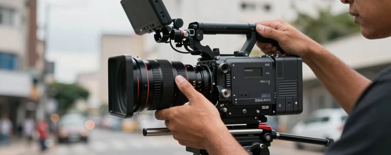 Close-up of a technician's hands adjusting a professional cinema camera on a gimbal during a music video shoot in a Brazilian urban setting, cinematic lighting.