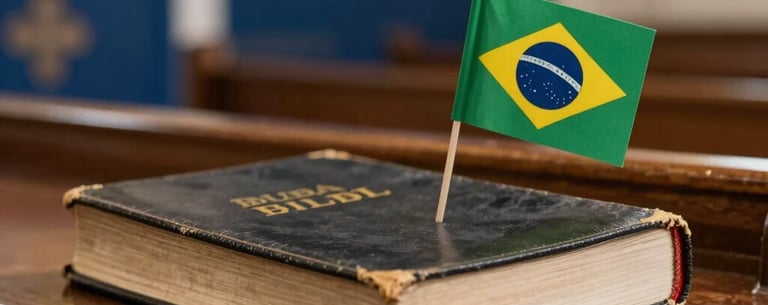 Close-up photography of a worn Bible with a Brazilian flag bookmark, resting on a wooden pulpit, soft focus background of a Navy Blue church interior, Gold accents.