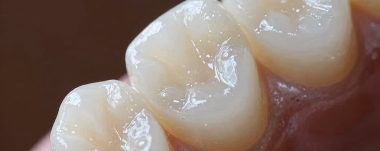 Close up macro shot of a handcrafted ceramic dental crown, showcasing translucent details. Artistic lighting with warm brown and soft white tones.