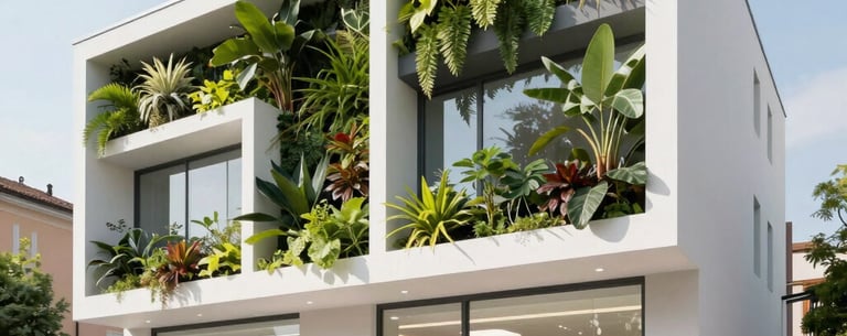 Exterior of a modern, eco-friendly dental practice building in an Italian city, featuring integrated vertical gardens and minimalist white architecture.