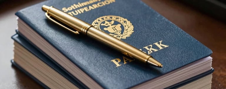 A stack of passbooks for a savings and loan cooperative, with a gold pen resting on top, set on a professional office desk in Southeast Asian / Indonesian style.