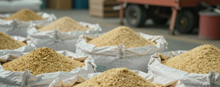 A close-up photo of sacks of organic fertilizer and farming equipment in a clean Southeast Asian / Indonesian warehouse, soft teal and gold lighting.