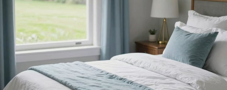 A photography of a beautifully furnished bedroom in a supportive home setting. The bed has soft white linens and a powder blue throw. A window looks out onto a green, peaceful lawn. North American/US style.