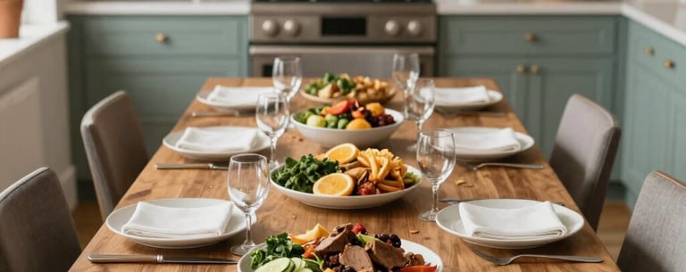 A warm photography of a long wooden dining table set for a family-style meal in a cozy, modern North American home. The table is filled with healthy food, and the background shows a kitchen with muted sea green cabinets.