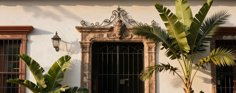 Exterior of a discreet, traditional South American building with a wrought-iron gate and lush tropical plants. Classic architecture in warm daylight.