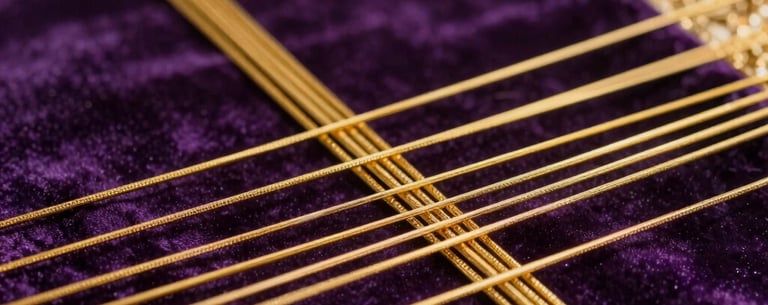 Detail of a ritual being performed: golden threads intertwined on a purple velvet cloth. Soft focus, high-end photography style.