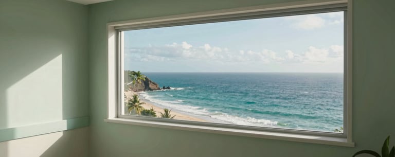 A beautiful view of Salvador's coastline from a high window of a serene clinic. The colors of the sea and the sky blend with the interior sage green and off-white decor.
