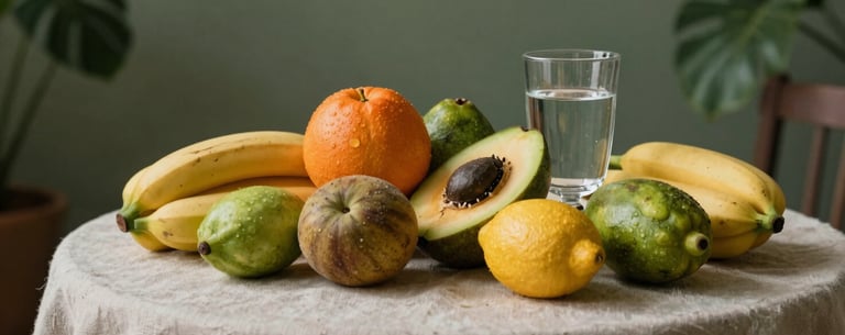 A high-quality photo of healthy, colorful Brazilian tropical fruits and a glass of water on a linen tablecloth. Muted natural lighting, earthy green tones in the background.