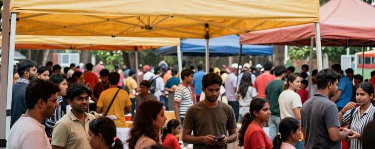 A wide shot of a vibrant community event in an Indian urban park, with South Asian / Indian families interacting positively under orange and light yellow canopies.